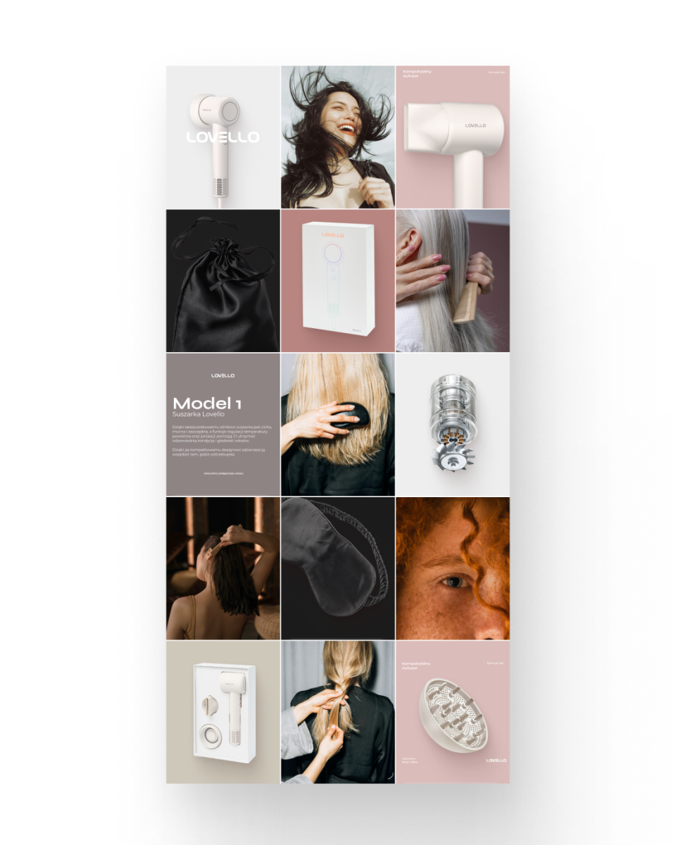 Realizacja social media dla Lovello - premium marki urządzeń do stylizacji włosów. Profesjonalne, lifestyle'owe zdjęcia produktowe suszarek, lokówek i prostownic w użyciu. Elegancka, minimalistyczna estetyka podkreślająca technologiczne zaawansowanie i designerski charakter produktów. Portfolio MOKO Creative Studio dla branży beauty pokazujące umiejętność łączenia prezentacji produktu z aspiracyjnym przekazem lifestyle'owym skierowanym do świadomych klientek.