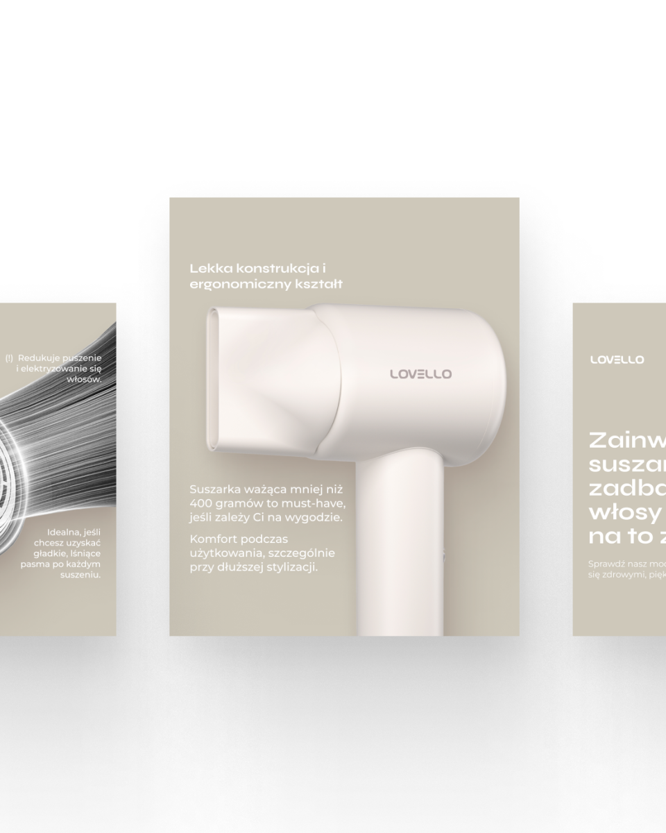 Realizacja social media dla Lovello - premium marki urządzeń do stylizacji włosów. Profesjonalne, lifestyle'owe zdjęcia produktowe suszarek, lokówek i prostownic w użyciu. Elegancka, minimalistyczna estetyka podkreślająca technologiczne zaawansowanie i designerski charakter produktów. Portfolio MOKO Creative Studio dla branży beauty pokazujące umiejętność łączenia prezentacji produktu z aspiracyjnym przekazem lifestyle'owym skierowanym do świadomych klientek.
