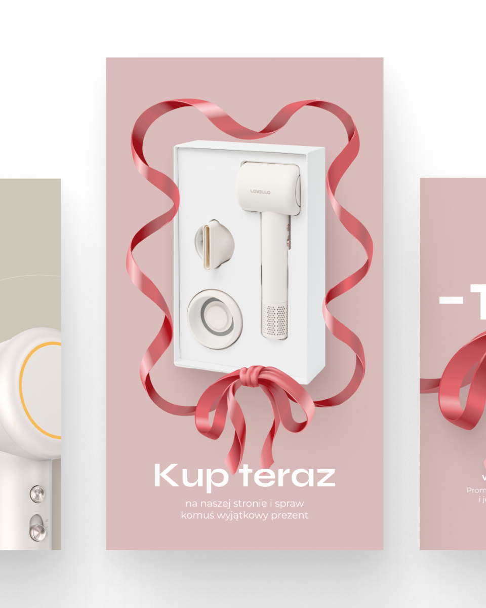 Realizacja social media dla Lovello - premium marki urządzeń do stylizacji włosów. Profesjonalne, lifestyle'owe zdjęcia produktowe suszarek, lokówek i prostownic w użyciu. Elegancka, minimalistyczna estetyka podkreślająca technologiczne zaawansowanie i designerski charakter produktów. Portfolio MOKO Creative Studio dla branży beauty pokazujące umiejętność łączenia prezentacji produktu z aspiracyjnym przekazem lifestyle'owym skierowanym do świadomych klientek.