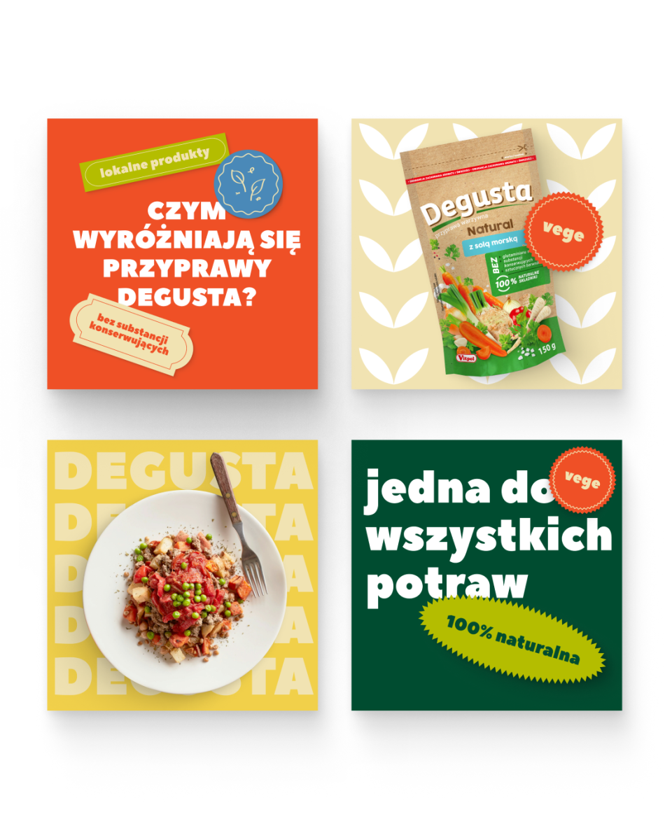 Projekt social media dla Degusta - marki premium z branży spożywczej. Apetyczne fotografie kulinarne i kolorowe posty przyciągające uwagę miłośników dobrego jedzenia. Wyrazista identyfikacja wizualna z charakterystycznym pomarańczowym motywem. Przykład realizacji MOKO Creative Studio w obszarze food marketingu, gdzie kluczowe jest budowanie pożądania produktu poprzez jakościową fotografię i spójną komunikację wartości marki.