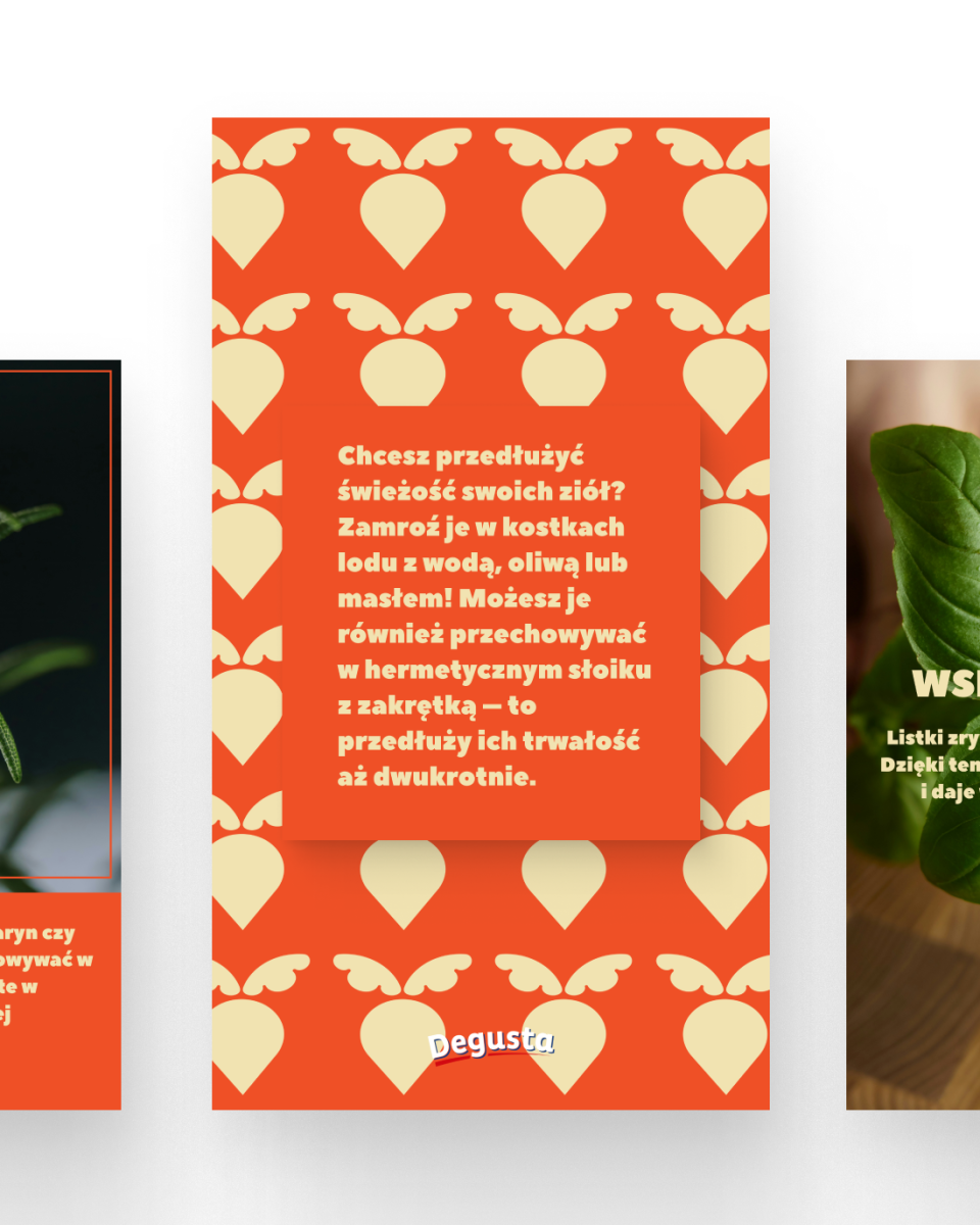 Projekt social media dla Degusta - marki premium z branży spożywczej. Apetyczne fotografie kulinarne i kolorowe posty przyciągające uwagę miłośników dobrego jedzenia. Wyrazista identyfikacja wizualna z charakterystycznym pomarańczowym motywem. Przykład realizacji MOKO Creative Studio w obszarze food marketingu, gdzie kluczowe jest budowanie pożądania produktu poprzez jakościową fotografię i spójną komunikację wartości marki.
