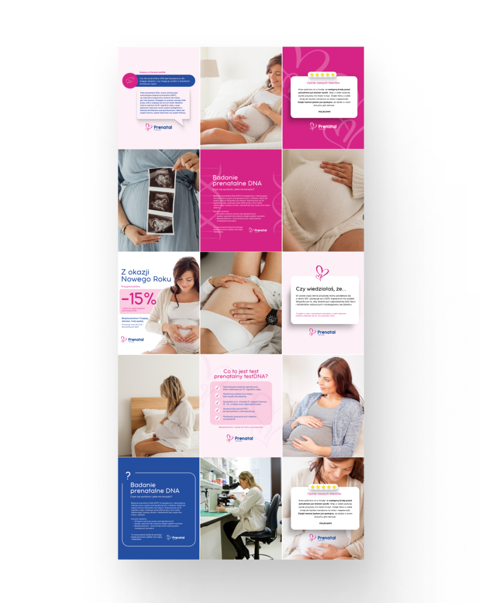 Projekt social media dla Prenatal TestDNA - premium marka oferująca badania genetyczne dla kobiet w ciąży. Estetyczne grafiki utrzymane w eleganckim, medycznym stylu z charakterystyczną różową kolorystyką. Profesjonalna komunikacja wizualna łącząca emocjonalny przekaz z merytoryczną treścią medyczną. Przykład realizacji MOKO Creative Studio dla branży medycznej, pokazujący umiejętność tworzenia contentu budzącego zaufanie w delikatnej tematyce zdrowia prenatalnego.