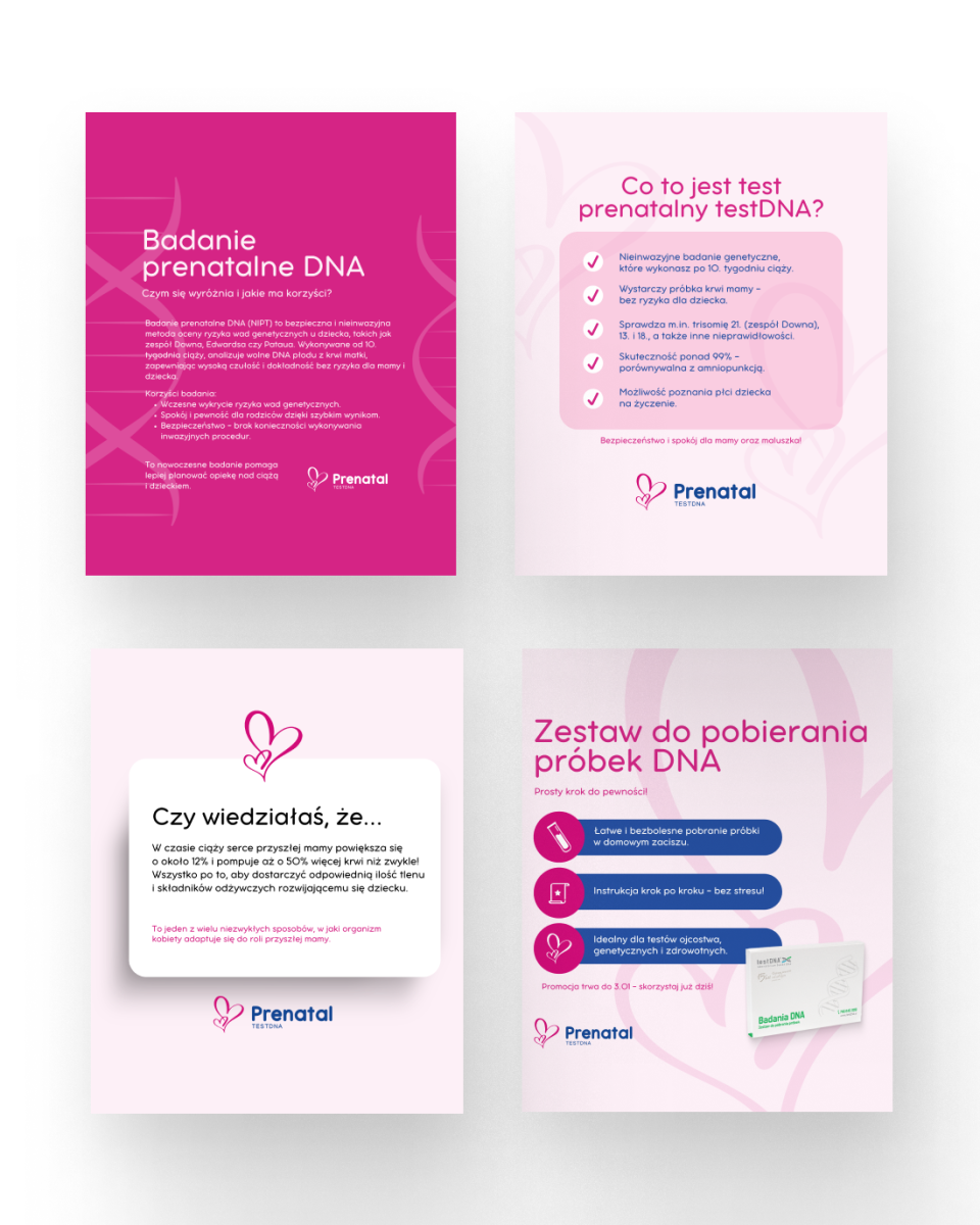 Projekt social media dla Prenatal TestDNA - premium marka oferująca badania genetyczne dla kobiet w ciąży. Estetyczne grafiki utrzymane w eleganckim, medycznym stylu z charakterystyczną różową kolorystyką. Profesjonalna komunikacja wizualna łącząca emocjonalny przekaz z merytoryczną treścią medyczną. Przykład realizacji MOKO Creative Studio dla branży medycznej, pokazujący umiejętność tworzenia contentu budzącego zaufanie w delikatnej tematyce zdrowia prenatalnego.