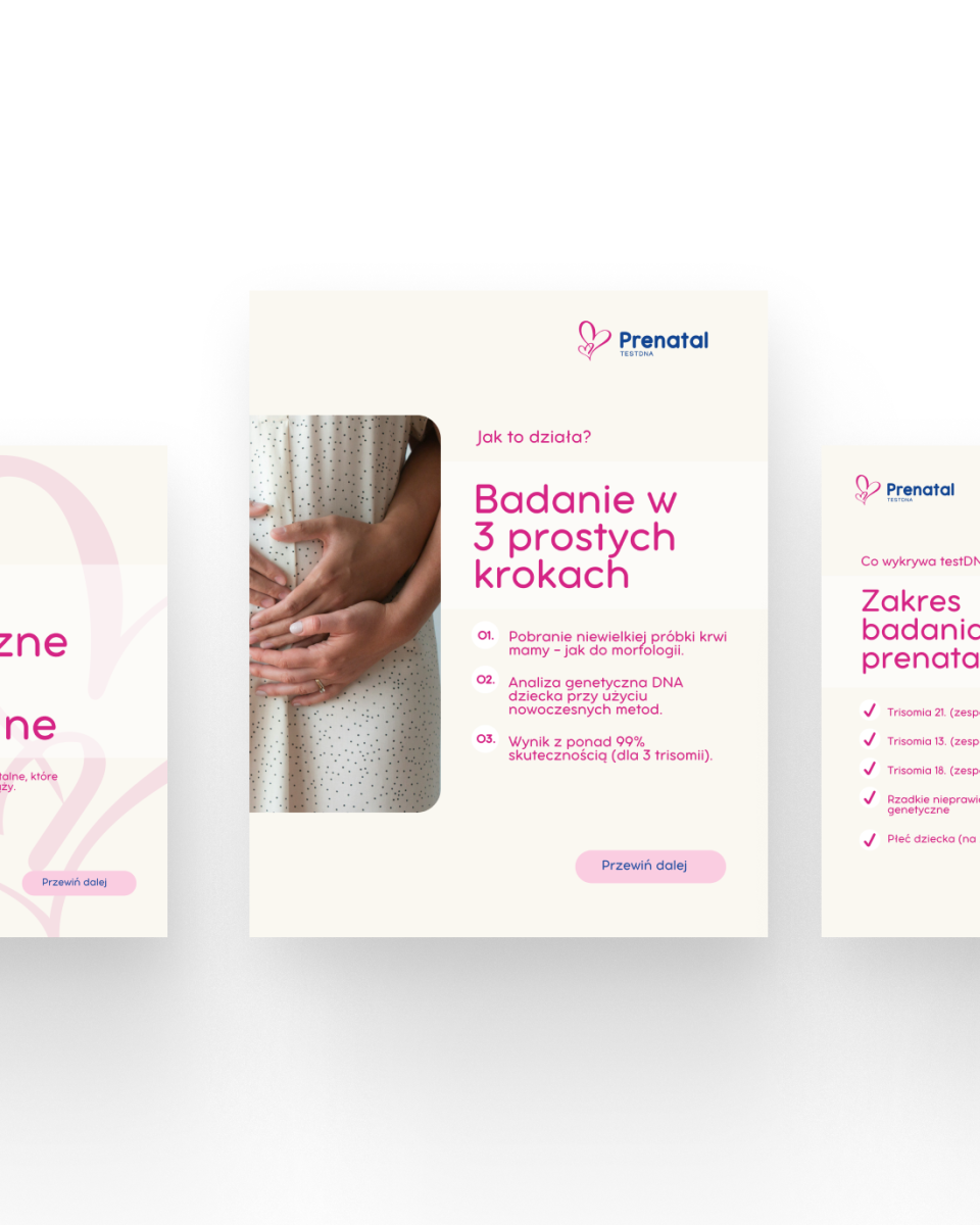 Projekt social media dla Prenatal TestDNA - premium marka oferująca badania genetyczne dla kobiet w ciąży. Estetyczne grafiki utrzymane w eleganckim, medycznym stylu z charakterystyczną różową kolorystyką. Profesjonalna komunikacja wizualna łącząca emocjonalny przekaz z merytoryczną treścią medyczną. Przykład realizacji MOKO Creative Studio dla branży medycznej, pokazujący umiejętność tworzenia contentu budzącego zaufanie w delikatnej tematyce zdrowia prenatalnego.